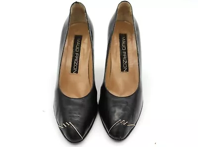 Women's Vintage Maud Frizon Black Almond Toe Leather Pumps US 6 EU 36.5 UK 4 • $45