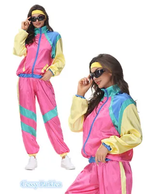 X-E1-1 Retro Neon 80's Height Fashion Tracksuit Shell Suit Party Costume Pink • $29.95