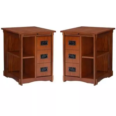 Home Square Mission Oak Wood Cabinet Table In Brown - Set Of 2 • $414.86