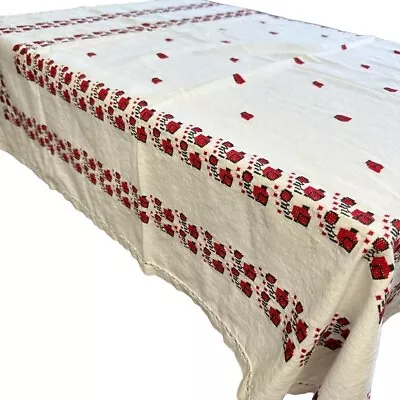 Vintage Embroidered White Linen Square Tablecloth Red 44  X 45  • $24