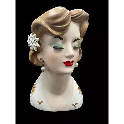 Vintage Lady Head Vase Yoko Boeki Co Japan Red Clover Leaf Mark Pearl Earrings • $59.99