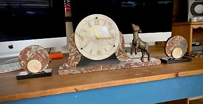 Antique Art Deco Marble Clock Mantel With Garnitures - Goat Or Lamb Creature?! • $150