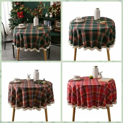 Christmas Coffee Table Cover Plaid Holiday Tablecloth Round Tassel Table Cloth • $17.54