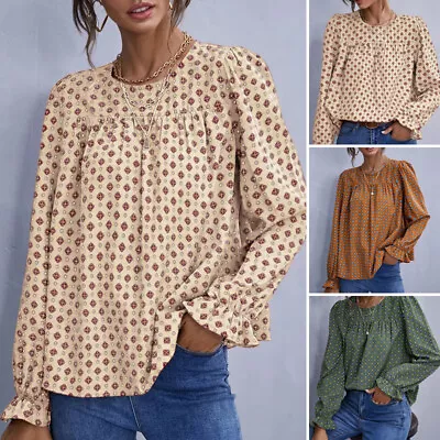 8-24 Womens Ruffle Long Sleeve Floral Print Tops Shirt Casual Loose Tunic Blouse • $21.99