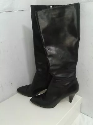 Via Spiga Womens 8.5M Riding Tall Heels Side Zip Black Leather W/ Pointed Toe • $41.25