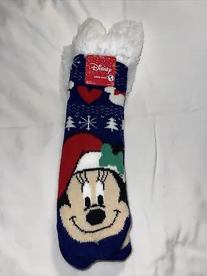 NWT Disney Minnie Mouse Santa Hat  Blue & White Fuzzy Slipper Socks OSFM  • $16.99