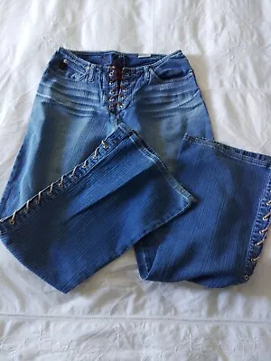 Vintage Mud Bell Bottom Lace Up Jeans Sz 3 Beat Generation Y2K Blue Jeans • £24.13