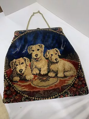 LARGE Vtg Bobbie Jerome Dog Print Carpet Bag Tapestry Purse Hand Bag GC • $80