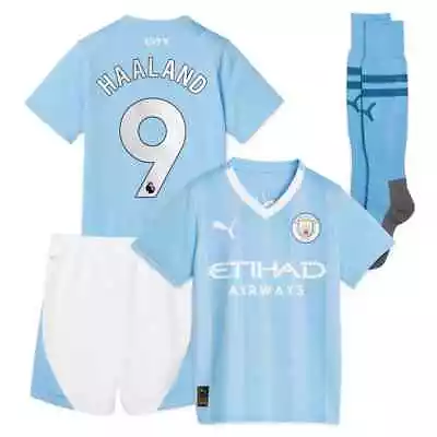 Manchester City Kids Football Home Kit HAALAND #9 2023 2024 New  Includes Socks • £38.99