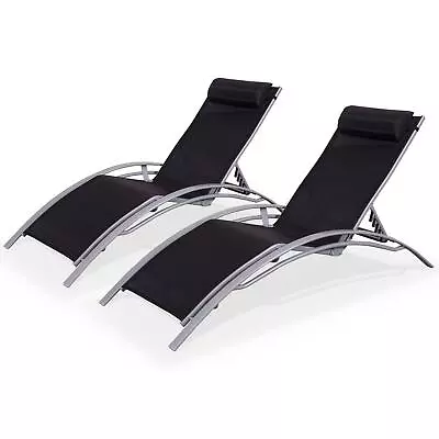 Alice Gardens Pair Of Aluminium Sun Loungers 4 Reclining Positions Patio Black • £95.99