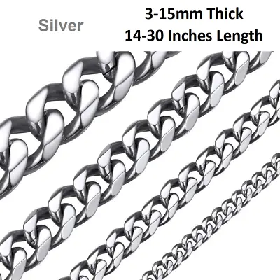 *UK Shop* STAINLESS STEEL 316L SILVER 3-15MM 14-30  MENS CURB CHAIN NECKLACE MAN • £11.99