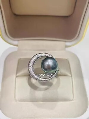 AAA 9-10mm Elegant Tahitian Round Black Green Pearl Ring 925 Silver • $95