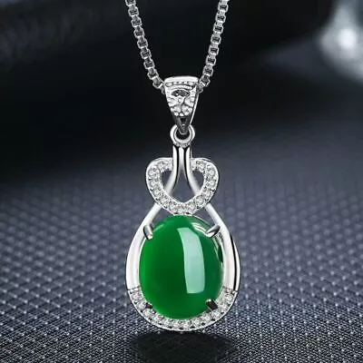 £3.99 • Buy 925 Sterling Silver Crystal Green Jade Pendant Necklace Womens Jewellery UK