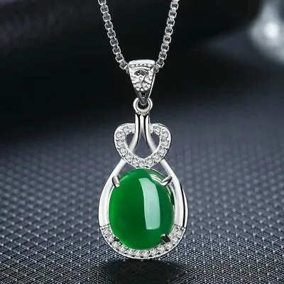925 Sterling Silver Crystal Green Jade Pendant Necklace Womens Jewellery UK • £3.99