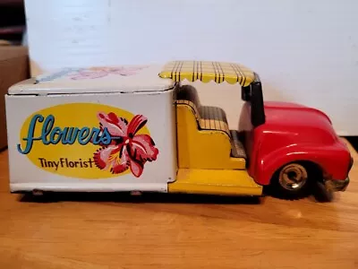 Nice Vintage 1950's  Tin Litho Friction  Flowers Tiny Florist Truck • $39.95