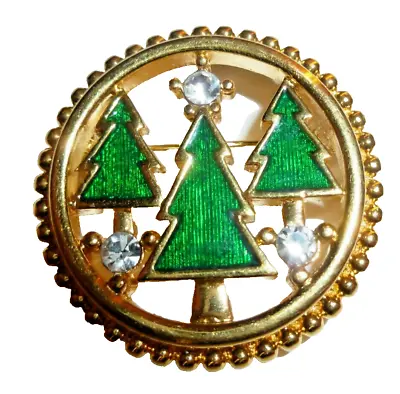 Vintage Monet Christmas Tree Rhinestone Enamel Gold Plated Brooch Pin • $18.70