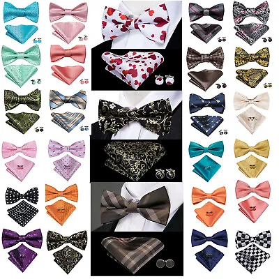 Mens Silk Bow Tie Hanky Set Red Blue Black Geometric Striped Bowtie Wedding Ties • $10.99