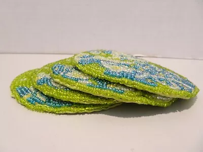 Set Of 4 Vintage Beaded Coasters Lime Green Blue Felted Bottoms • $19.99