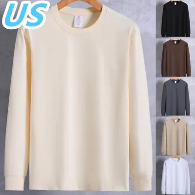 US Mens Long Sleeve Cotton T-Shirt Solid Color Thermal Tops Crewneck Undershirts • $17.49