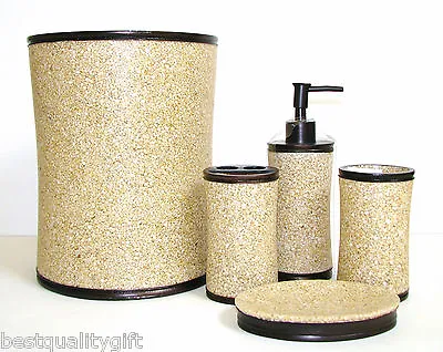 5 Pc Beige/bronze P-gravel Resin Set+soap Dispenser+wastebasket+tumbler+dish+mor • $174.99