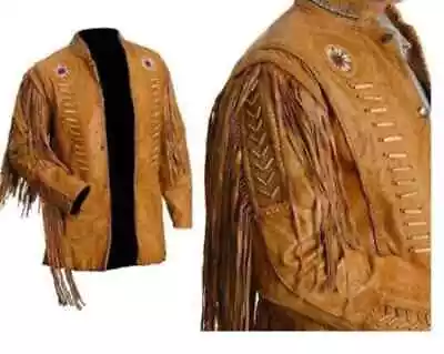 Men's Native American  Leather Jacket Fringes & Beads Cowboy Western Jacket • $119.99