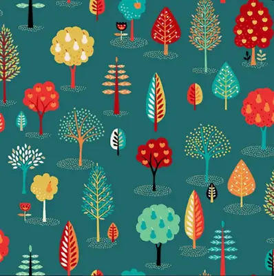 $6.63 • Buy Turquoise Trees Folk Friends 100% Cotton Quilting Fabric