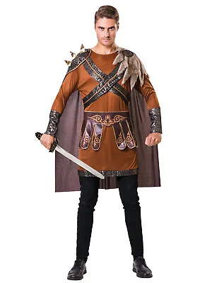 Mens Medieval Warrior Man Costume Brown Knight Crusader Adult Fancy Dress Outfit • £27.09