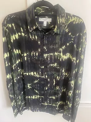 River Island Mens Abstract Camo Green Brown Print Long Sleeve Shirt Size M Uk 12 • £10.99