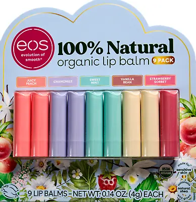 EOS Organic Lip Balm Juicy Peach Chamomile Mint Vanilla Strawberry 9 Pack • $19.81