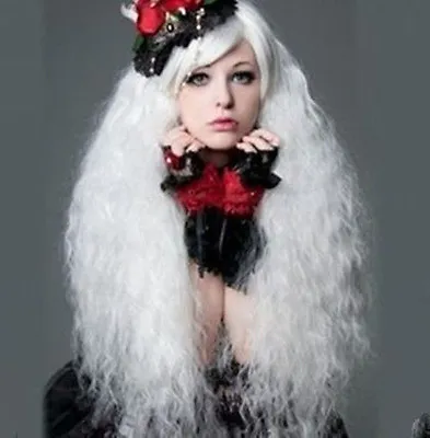 Women Lady Girl Lolita Popular Fluffy Long Curly White Cosplay Wig • £17.40