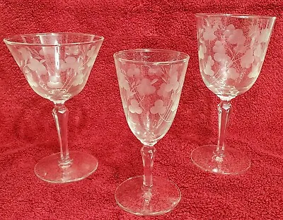 Vintage Crystal Cut Glasses With Floral Etched Design In 3 Styles Of Stemware • $59.99