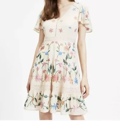 Miss Selfridge Colorful Floral Embroidery Nude Flutter Short Sleeve Dress Sz US8 • $89