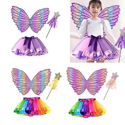 Girls Butterfly Wing Costume Dress Up Fairy Princess Child Kids Apparel Wand • £9.40