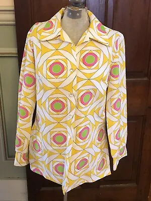 Vintage MCM Retro 60s 70s Yellow Green Pink Pykettes Polyester Button Down Shirt • $20