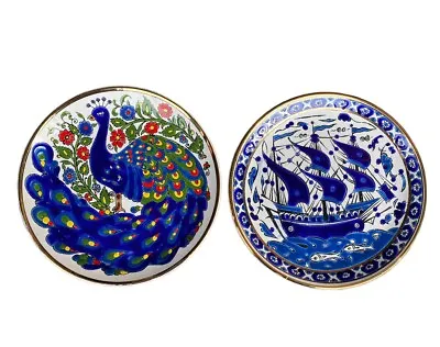 VTG Greece Dakas Ceramic Plates Peacock And Boat Hand Painted Gold Trim READ • $25