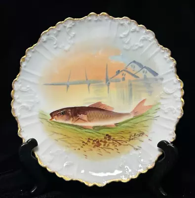 Antique Signed Limoges Cabinet Plate Fish J Mongars Father Dad Gift • £33.20