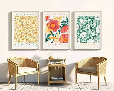 Set Of 3 Botanical Flower Market Print Miami Print New York Print Home Decor • £56.01