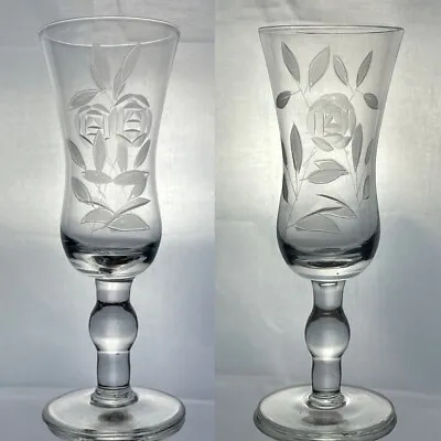 Vintage Stemware Floral Flower Etched Wine Champagne Crystal Glasses Set Of 2 • $31