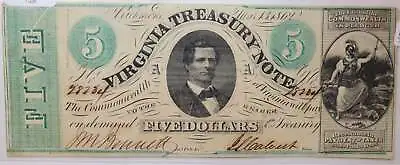1862 $5 Virginia Treasury Note 'Civil War Era' Nice Note. Store #11238 • $85
