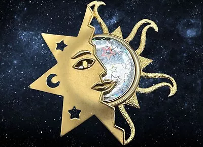 Vintage Estate JJ Jonette Gold Tone Holographic Sun Moon Stars Brooch Pin • $8.99