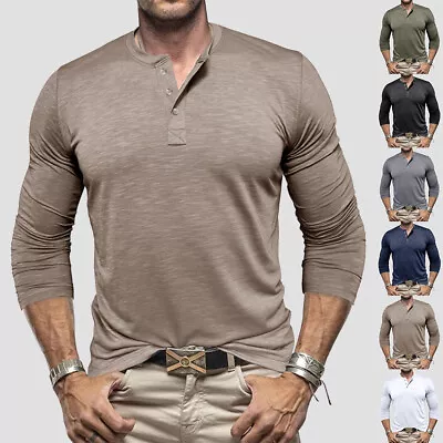 Men's Long Sleeve Button V Neck Shirt T-Shirt Autumn Casual Slim Fit Top Blouse • $21.39