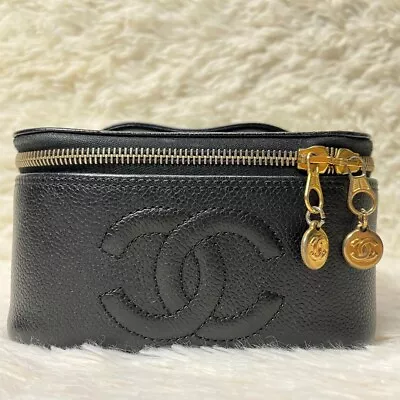 CHANEL Big COCO CC MARK Vanity Hand Bag Pouch Women Caviar Skin Leather Black • $1095.55