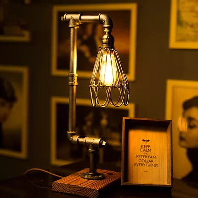 Industrial Single Cage Table Lamp Water Pipe Steampunk Desk Light Wood Accent • $49.99