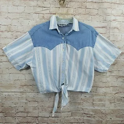 Bonjour Vintage 90s Women Shirt Med Blue White Striped Bottom Tie Short Sleeve • £15.41