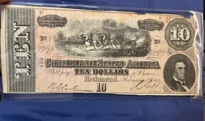 1864 Confederate States Of America $5 Banknote  Richmond Virginia  • $95