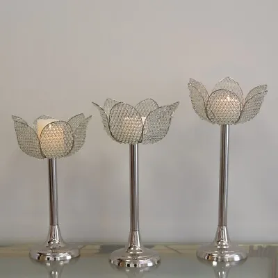 Silver And Chrome Beaded Candle Holders Set Of 3 Candelabra Flower Centrepiece • £40