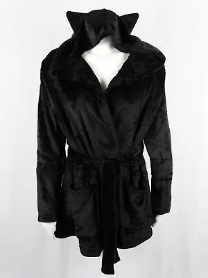 Womens Black Sexy Cat Hooded Robe Super Soft Plush Warm Spa Bathrobe • $24.97