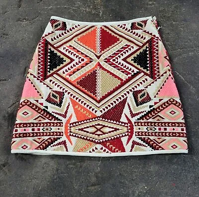 Topshop Skirt Women 2 Mini Orange All Over Print Aztec Tribal Geometric Waist 23 • $19.40