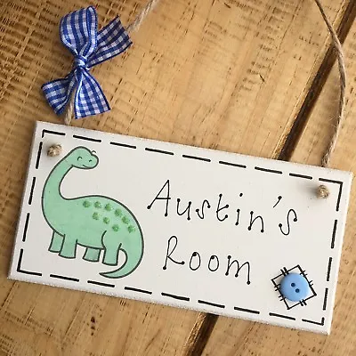 Boys Door Sign Name Plaque Nursery Bed Room Sign Gift Baby Personalised Dinosaur • £7.49