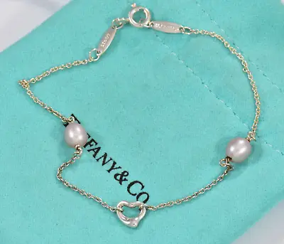 Tiffany & Co Silver Elsa Peretti Open Heart Pink Pearl By Yard 7.6  Bracelet • $296.99